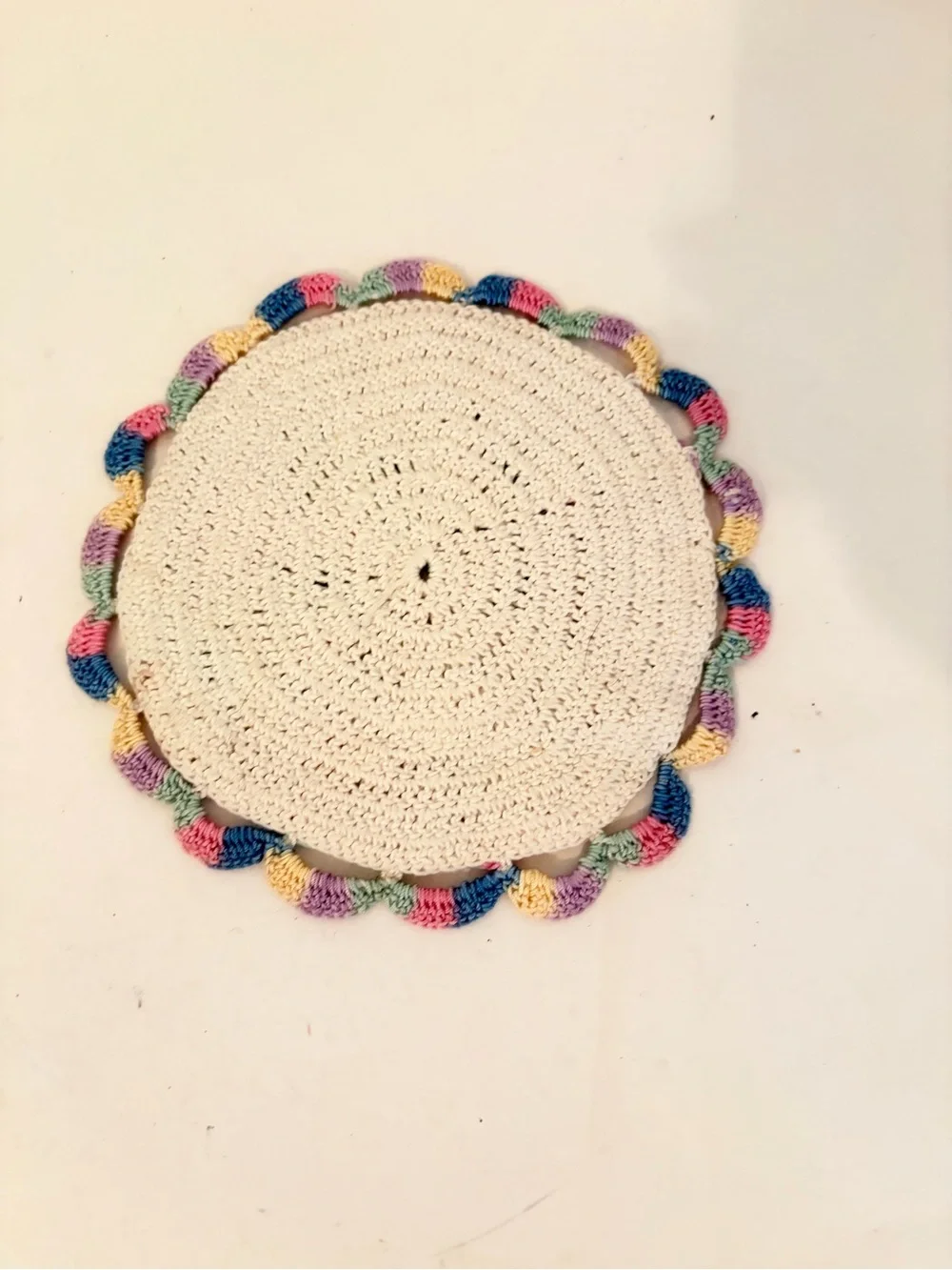 Vintage Set of 2 Hand Crafted Crochet Hot Pad Trivet Pastel Multicolor & Blue